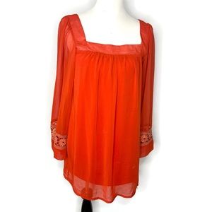 Oxford Circus Orange Long Sleeve Long Tunic Top, Waist Self Tie